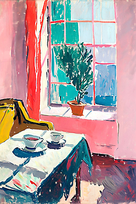 JPG 식물 편집이미지 화분 창문 탁자 붓터치 티타임 휴식 실내 그림자 사람없음 인테리어 햇빛 공간 찻잔 컵받침 창가 유화 편집실사 디자인 가구 컨셉 잔 미술 내부 태양 받침대 CG 파일형식