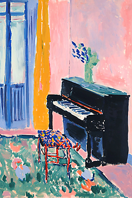 JPG 편집이미지 창문 붓터치 실내 사람없음 인테리어 꽃병 카펫 공간 커튼 피아노 유화 피아노의자 편집실사 디자인 꽃 의자 미술 내부 건반악기 CG 파일형식