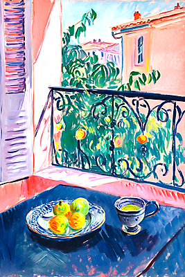 JPG 나무 편집이미지 접시 음료 과일 난간 탁자 붓터치 나뭇잎 사람없음 건물 컵 인테리어 햇빛 발코니 창가 유화 편집실사 식물 식기 건축물 디자인 가구 잎 창문 미술 태양 CG 파일형식