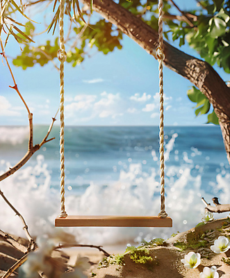 JPG 나무 편집이미지 파도 휴가 나뭇잎 해변 사람없음 여름 햇빛 그네 휴양지 야자수잎 열대꽃 편집소스 편집실사 AI포토 AI콘텐츠 식물 계절 꽃 바다 잎 태양 장소 CG 파일형식