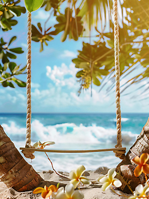 JPG 나무 편집이미지 파도 휴가 나뭇잎 해변 사람없음 여름 햇빛 그네 휴양지 야자수잎 열대꽃 편집소스 편집실사 AI포토 AI콘텐츠 식물 계절 꽃 바다 잎 태양 장소 CG 파일형식