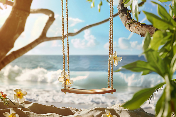 JPG 나무 편집이미지 파도 휴가 나뭇잎 해변 사람없음 여름 햇빛 그네 휴양지 야자수잎 열대꽃 편집소스 편집실사 AI포토 AI콘텐츠 식물 계절 꽃 바다 잎 태양 장소 CG 파일형식