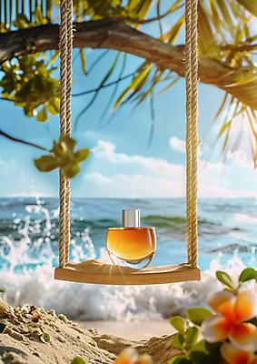 JPG 나무 편집이미지 파도 휴가 나뭇잎 해변 사람없음 여름 반짝임 햇빛 그네 휴양지 야자수잎 열대꽃 향수병 편집소스 편집실사 AI포토 AI콘텐츠 식물 계절 꽃 바다 잎 모션 태양 장소 향수 CG 병_담는 파일형식