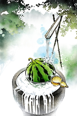 PSD 나무 일러스트 붓터치 산 수박 풍경 사람없음 물 여름 숲 샘물 동양화 튀는물 번짐 옹달샘 조롱박 카피스페이스 국내일러스트 자연요소 식물 계절 과일 미술 공백 액체표현 스플래쉬 파일형식 효과