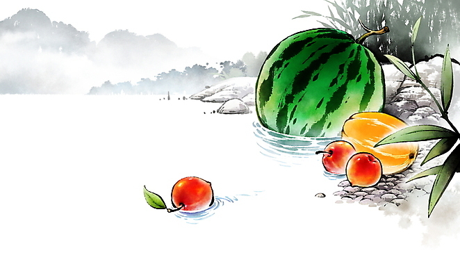 PSD 일러스트 붓터치 산 수박 갈대 풍경 사람없음 여름 수면 강가 동양화 번짐 참외 물결파장 자두 카피스페이스 국내일러스트 식물 계절 물결 과일 미술 물 강 공백 파일형식 효과
