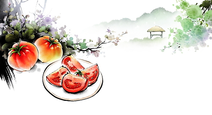 PSD 접시 조각 토마토 일러스트 붓터치 단면 나뭇잎 산 풍경 사람없음 여름 나뭇가지 덩굴 동양화 번짐 원두막 카피스페이스 국내일러스트 나무 식물 식기 계절 잎 채소 미술 공백 파일형식 효과