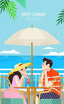 PSD 모자 커플 여자 남자 꽃 음료 바다 잎 벤치 일러스트 탁자 갈매기 앉기 상반신 성인 두명 마주보기 턱괴기 마시기 파라솔 성인만 국내일러스트 식물 잡화 가구 의자 관계 모션 조류 사람 파일형식