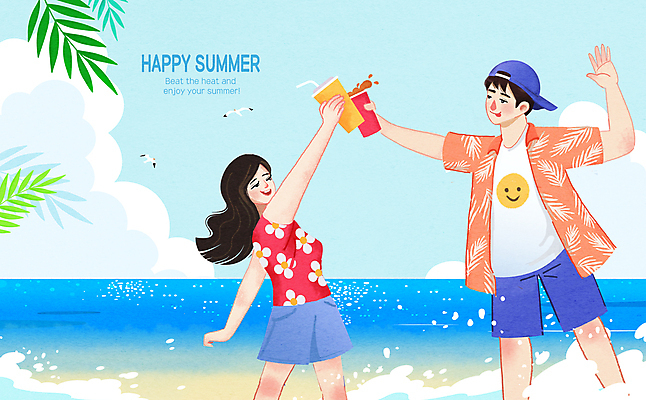 PSD 커플 여자 남자 음료 파도 잎 일러스트 갈매기 들기 상반신 성인 두명 건배 성인만 국내일러스트 식물 바다 관계 모션 조류 사람 파일형식