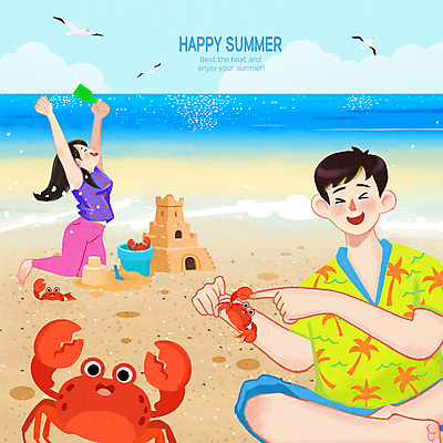 PSD 커플 여자 남자 일러스트 갈매기 웃음 들기 성인 해변 두명 바구니 만세 꽃게 게 가리킴 무릎꿇기 삽 모래성 성인만 국내일러스트 모래 바다 관계 모션 조류 표정 갑각류 사람 손짓 파일형식