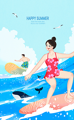 전신 PSD 커플 여자 남자 수영복 파도 일러스트 갈매기 성인 두명 서핑보드 서핑 고래 성인만 국내일러스트 옷 바다 포유류 관계 조류 사람 수중동물 수상스포츠 보드_스포츠 파일형식