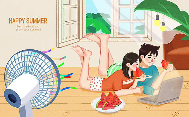 전신 PSD 접시 커플 여자 남자 엎드리기 잎 일러스트 전구 창문 바람 수박 들기 성인 두명 노트북 소파 커튼 선풍기 먹기 베이지색 성인만 국내일러스트 자연요소 식물 식기 컬러 의자 과일 관계 모션 날씨 사람 전자제품 가전제품 파일형식