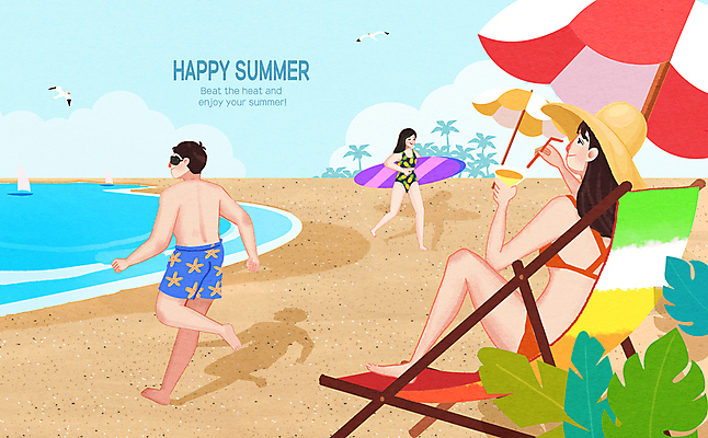 전신 PSD 여자 남자 음료 잎 일러스트 갈매기 그림자 들기 앉기 성인 해변 세명 야자수 파라솔 서핑보드 선베드 성인만 국내일러스트 나무 식물 바다 의자 모션 조류 사람 보드_스포츠 파일형식