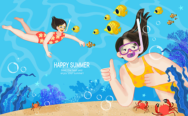 PSD 여자 수영복 바다 일러스트 고글 성인 두명 꽃게 스노클링 해초 열대어 따봉 물기포 성인여자만 국내일러스트 옷 어류 사람 게 수상스포츠 최고 해조류 여자만 성인만 파일형식