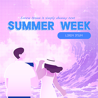 템플릿 모자 배너 여자 남자 파도 바다 휴가 이벤트 상반신 성인 두명 보라색 시원함 성인만 여름맞이 이미지템플릿 AI파일 잡화 컬러 사람 파일형식 벡터 여름_계절