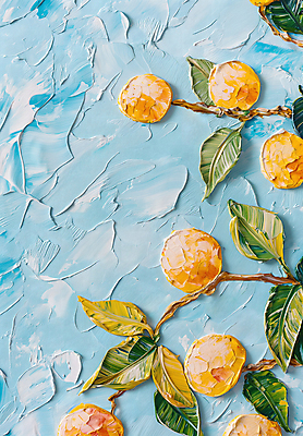 JPG 편집이미지 열매 잎 페인팅 붓터치 사람없음 노란색 나뭇가지 그림 질감 작품 유화 편집실사 나무 식물 컬러 미술 CG 파일형식