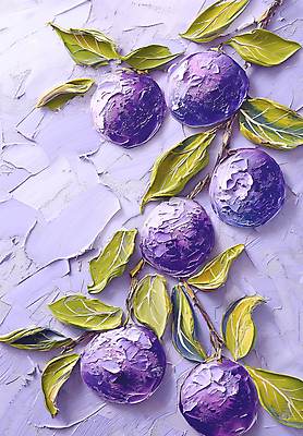 JPG 편집이미지 열매 잎 페인팅 붓터치 사람없음 보라색 나뭇가지 그림 질감 작품 유화 편집실사 나무 식물 컬러 미술 CG 파일형식