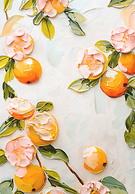 JPG 편집이미지 열매 꽃 잎 페인팅 붓터치 사람없음 노란색 나뭇가지 그림 질감 작품 유화 편집실사 나무 식물 컬러 미술 CG 파일형식