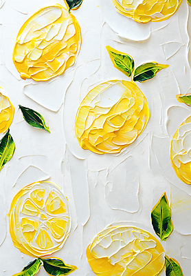 JPG 편집이미지 잎 페인팅 붓터치 사람없음 노란색 레몬 그림 질감 작품 유화 편집실사 식물 컬러 과일 미술 CG 파일형식