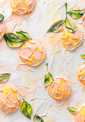 JPG 편집이미지 잎 오렌지 페인팅 붓터치 사람없음 혼합 그림 질감 작품 살구색 유화 편집실사 식물 컬러 과일 미술 CG 파일형식