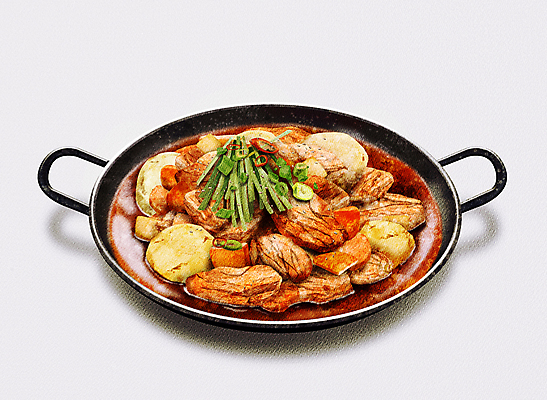 PSD 음식 채소 일러스트 고추 감자 요리 사람없음 빨간색 닭고기 당근 냄비 매움 파 닭고기요리 닭볶음탕 국내일러스트 컬러 뿌리채소 육류 맛 솥 파일형식