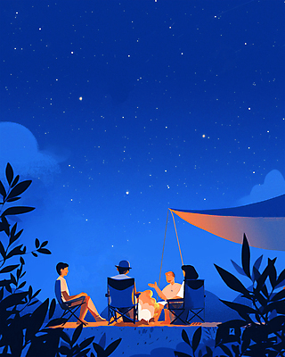 전신 PSD 여자 남자 여행 일러스트 밤하늘 아웃도어 텐트 앉기 여러명 성인 여름 파란색 친구 반짝임 캠핑 모닥불 감성 수다 성인만 캠핑의자 국내일러스트 계절 컬러 다수 컨셉 의자 관계 모션 하늘 불 레저 캠핑도구 대화 사람 야간 파일형식