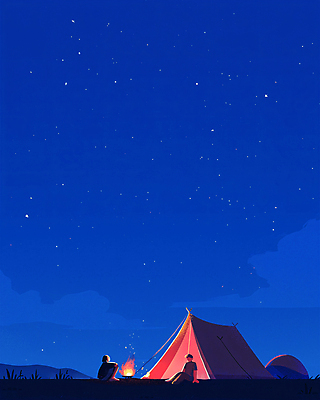 전신 PSD 커플 여자 남자 여행 일러스트 밤하늘 아웃도어 텐트 앉기 성인 두명 여름 파란색 반짝임 캠핑 모닥불 감성 성인만 국내일러스트 계절 컬러 컨셉 관계 모션 하늘 불 레저 캠핑도구 사람 야간 파일형식