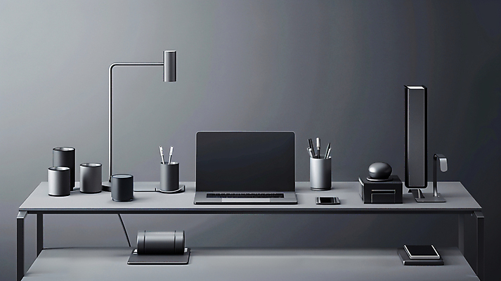 JPG 편집이미지 라이프스타일 사람없음 노트북 인테리어 펜 유행 금속 회색 스탠드 책상 디지털합성 오브젝트 연필꽂이 편집실사 AI포토 AI콘텐츠 디자인 컬러 가구 재질 문구용품 조명 생활 전자제품 필기구 CG 파일형식