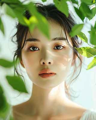 JPG 편집이미지 여자 얼굴 잎 그림자 한명 상반신 성인 햇빛 뷰티 성형수술 이미지 의료성형뷰티 성인여자한명만 편집실사 AI인물포토 AI콘텐츠 식물 1 사람 신체부위 태양 수술 CG 여자한명만 성인여자만 파일형식 AI포토