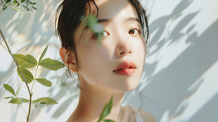 JPG 편집이미지 여자 얼굴 잎 그림자 한명 상반신 성인 햇빛 뷰티 성형수술 이미지 의료성형뷰티 성인여자한명만 편집실사 AI인물포토 AI콘텐츠 식물 1 사람 신체부위 태양 수술 CG 여자한명만 성인여자만 파일형식 AI포토