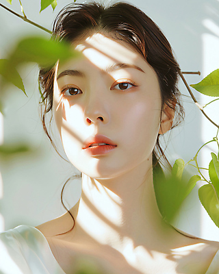 JPG 편집이미지 여자 얼굴 잎 그림자 한명 상반신 성인 햇빛 뷰티 성형수술 이미지 의료성형뷰티 성인여자한명만 편집실사 AI인물포토 AI콘텐츠 식물 1 사람 신체부위 태양 수술 CG 여자한명만 성인여자만 파일형식 AI포토