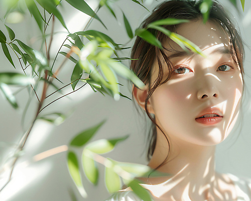 JPG 편집이미지 여자 얼굴 잎 그림자 한명 상반신 성인 햇빛 뷰티 성형수술 이미지 의료성형뷰티 성인여자한명만 편집실사 AI인물포토 AI콘텐츠 식물 1 사람 신체부위 태양 수술 CG 여자한명만 성인여자만 파일형식 AI포토