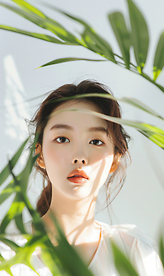 JPG 편집이미지 여자 얼굴 잎 그림자 한명 상반신 성인 햇빛 뷰티 성형수술 이미지 의료성형뷰티 성인여자한명만 편집실사 AI인물포토 AI콘텐츠 식물 1 사람 신체부위 태양 수술 CG 여자한명만 성인여자만 파일형식 AI포토