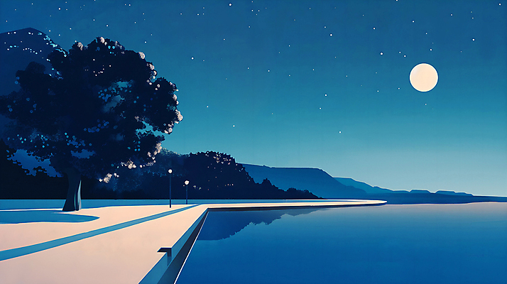 PSD 나무 바다 가로등 일러스트 밤하늘 산 풍경 사람없음 여름 파란색 반사 보름달 바닷길 국내일러스트 식물 계절 공공시설 길 컬러 하늘 달 야간 파일형식