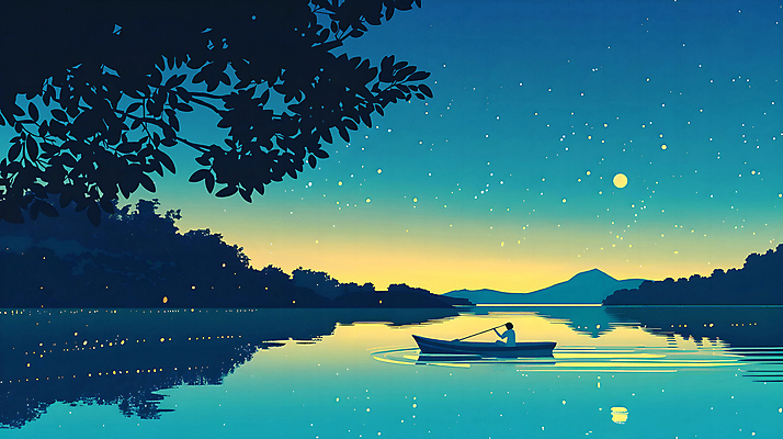 전신 PSD 나무 실루엣 호수 바다 일러스트 밤하늘 나뭇잎 산 한명 앉기 풍경 성인 여름 파란색 반사 보트 나룻배 노 물결파장 성인한명만 국내일러스트 식물 1 계절 물결 컬러 잎 배_교통 모션 하늘 촬영기법 사람 야간 선박 성인만 파일형식