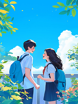 PSD 구름 학생 커플 여학생 여자 남자 교복 남학생 데이트 일러스트 청소년 책가방 웃음 상반신 두명 파란색 청춘 여름풍경 만화 감성 애니메이션 십대만 청량 국내일러스트 자연요소 옷 컬러 컨셉 가방 관계 표정 사람 풍경 파일형식 여름_계절