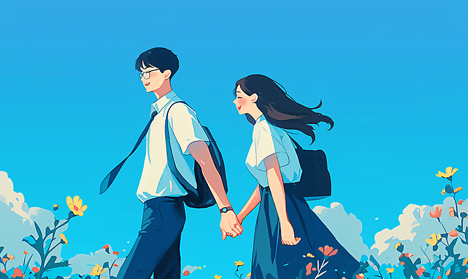 PSD 구름 학생 커플 여학생 여자 남자 꽃 교복 남학생 데이트 일러스트 청소년 상반신 두명 파란색 청춘 걷기 손잡기 여름풍경 만화 감성 애니메이션 십대만 청량 국내일러스트 자연요소 식물 옷 컬러 컨셉 관계 모션 사람 풍경 파일형식 여름_계절
