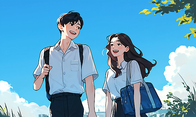 PSD 구름 학생 커플 여학생 여자 남자 교복 남학생 데이트 일러스트 청소년 책가방 웃음 상반신 두명 파란색 청춘 여름풍경 만화 감성 애니메이션 십대만 청량 국내일러스트 자연요소 옷 컬러 컨셉 가방 관계 표정 사람 풍경 파일형식 여름_계절