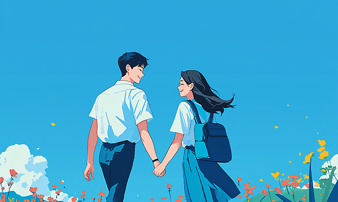 PSD 구름 학생 커플 여학생 여자 남자 꽃 교복 남학생 데이트 일러스트 청소년 상반신 두명 파란색 청춘 걷기 손잡기 여름풍경 만화 감성 애니메이션 십대만 청량 국내일러스트 자연요소 식물 옷 컬러 컨셉 관계 모션 사람 풍경 파일형식 여름_계절