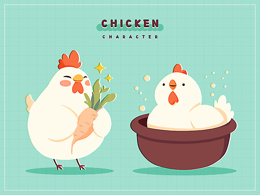 스티커 일러스트 안기 그림자 미소 들기 사람없음 반짝임 목욕 삼 약초 닭캐릭터 고무대야 민트색 국내일러스트 AI파일 컬러 동물캐릭터 채소 모션 표정 청결 닭 풀_식물 대야 파일형식 벡터