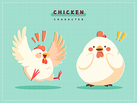 스티커 날개 일러스트 그림자 사람없음 놀람 기쁨 느낌표 닭캐릭터 날갯짓 민트색 국내일러스트 AI파일 기호 감정 컬러 동물캐릭터 표정 닭 파일형식 벡터