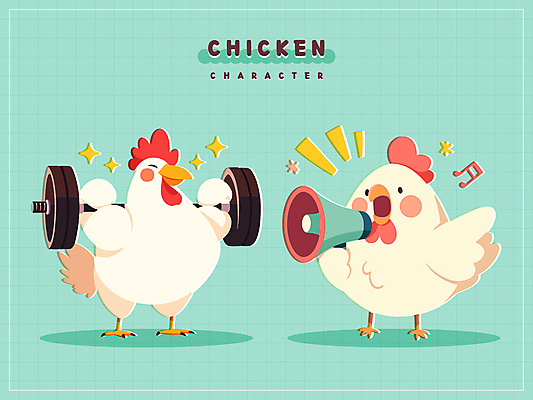 스티커 음표 일러스트 그림자 미소 사람없음 반짝임 확성기 외침 아령 웨이트트레이닝 닭캐릭터 민트색 국내일러스트 AI파일 기호 음악 컬러 동물캐릭터 모션 표정 운동 소리 닭 파일형식 벡터