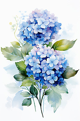 JPG 잎 일러스트 수채화 사람없음 파란색 물감 수국 국내일러스트 AI일러스트 AI콘텐츠 식물 꽃 컬러 미술도구 파일형식