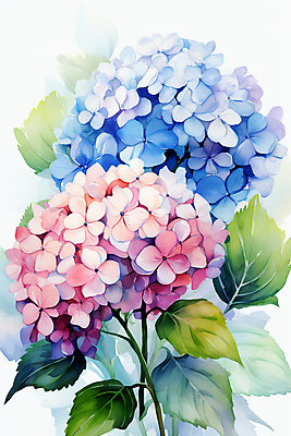 JPG 분홍색 잎 일러스트 수채화 사람없음 파란색 물감 수국 국내일러스트 AI일러스트 AI콘텐츠 식물 꽃 컬러 미술도구 파일형식