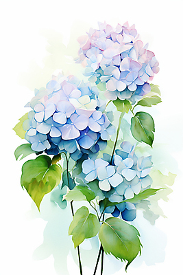 JPG 잎 일러스트 수채화 사람없음 파란색 물감 수국 국내일러스트 AI일러스트 AI콘텐츠 식물 꽃 컬러 미술도구 파일형식