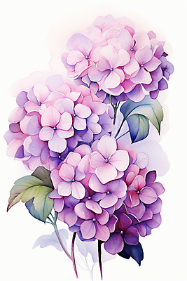 JPG 잎 일러스트 수채화 사람없음 보라색 물감 수국 국내일러스트 AI일러스트 AI콘텐츠 식물 꽃 컬러 미술도구 파일형식