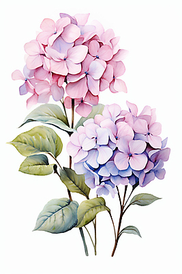 JPG 분홍색 잎 일러스트 수채화 사람없음 보라색 물감 수국 국내일러스트 AI일러스트 AI콘텐츠 식물 꽃 컬러 미술도구 파일형식