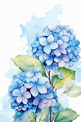 JPG 잎 일러스트 수채화 사람없음 파란색 물감 수국 국내일러스트 AI일러스트 AI콘텐츠 식물 꽃 컬러 미술도구 파일형식