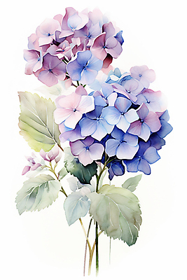 JPG 잎 일러스트 수채화 사람없음 파란색 보라색 물감 수국 국내일러스트 AI일러스트 AI콘텐츠 식물 꽃 컬러 미술도구 파일형식