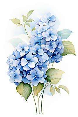 JPG 잎 일러스트 수채화 사람없음 파란색 물감 수국 국내일러스트 AI일러스트 AI콘텐츠 식물 꽃 컬러 미술도구 파일형식
