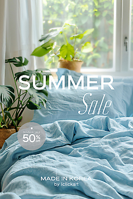 PSD 식물 편집이미지 화분 하늘색 창문 베개 침구 이벤트 사람없음 여름 세일 침실 이불 커튼 디지털합성 이미지편집 계절 파란색 파일형식